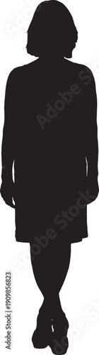 vector,silhouette of a front view women standing dressed in dress and legs crossed