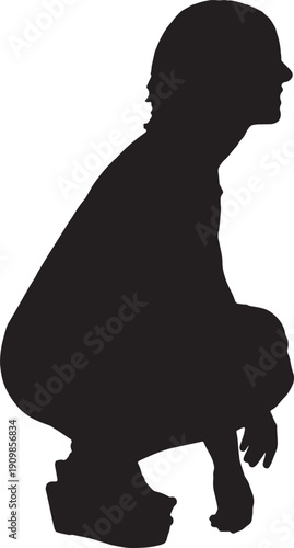 vector,silhouette of a side view women squatting dressed in dress smiling and looking up