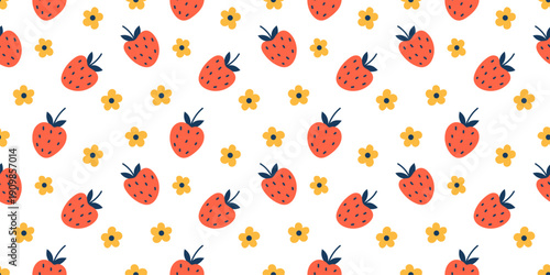 Vector seamless pattern with cute strawberries and yellow flowers on white background. Fun colorful fruit doodle for summer textile, kids product, wrapping paper and wallpaper. Cute girlish print.