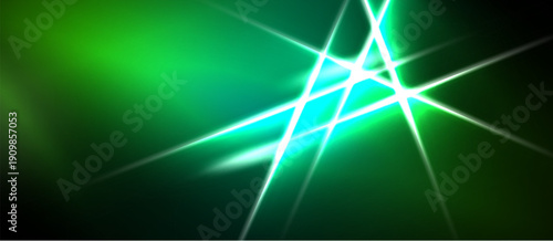 Abstract green background features bright light streaks. Dynamic energy radiates from central point, creating visual impact.