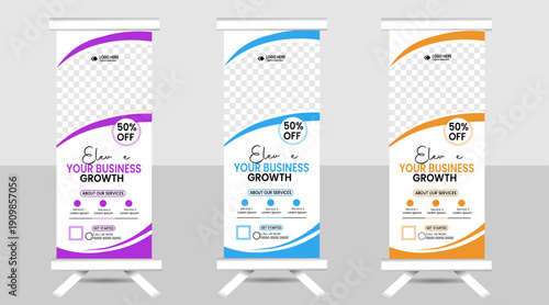 Corporate Business Roll Up Banner Design Template with Abstract Shapes and Placeholders.