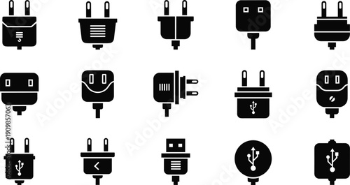 Set of 16 black-and-white icons showing electrical plugs, USB connectors, and charging adapters for electronics and connectivity visuals