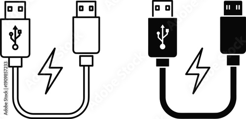 Stylized USB charging cable icons showing USB-A and Micro-USB connectors with lightning bolt symbol in outline and silhouette styles