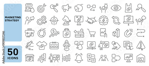 Set of 50 line icons related to marketing strategy, sales growth, planning, digital advertising, project, analysis, management, marketing, Editable stroke. Vector illustration