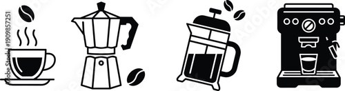 Coffee Icons Set Espresso Machine Moka Pot French Press Cup and Beans Keywords: coffee, espresso machine, moka pot, french press