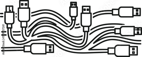 Stylized illustration of USB cables showing USB-A, USB-B, USB-C, and Micro-USB connectors with flowing cable visuals