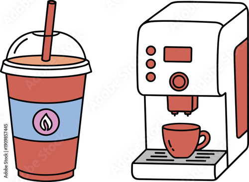 Coffee machine and iced coffee drink with colorful band on white background Keywords: coffee, machine, iced, drink, cup, straw