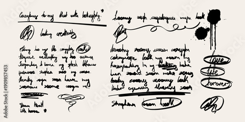 Handwritten scribble text set with expressive notes, underlines, corrections and freehand writing elements. Minimal black calligraphy vector illustration.