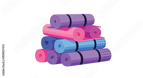 Neatly stacked pyramid of colorful yoga mats, ready for exercise, stretching, and mindful meditation sessions.