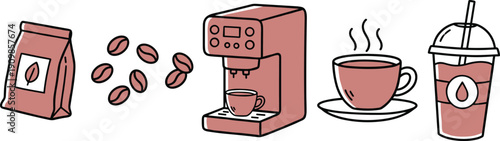 Coffee shop icons including coffee beans bag machine hot cup and iced drink Keywords: coffee, beans, bag, machine, hot, cup