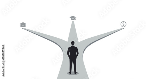 Rear view of a businessman standing at a pivotal crossroads, contemplating life's major choices: career, education, and