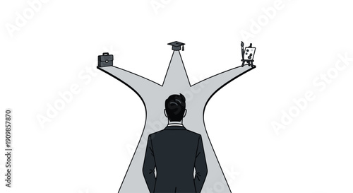 Man at a significant crossroads, looking forward at branching paths, symbolizing choices between business, academia,