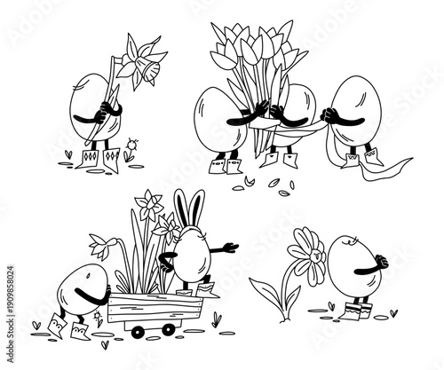 A set of Easter egg characters tending to flowers, carrying flowers, assembling bouquets, pushing flower cart for the spring festival. Whimsical Easter Egg Characters with Spring Flowers Collection