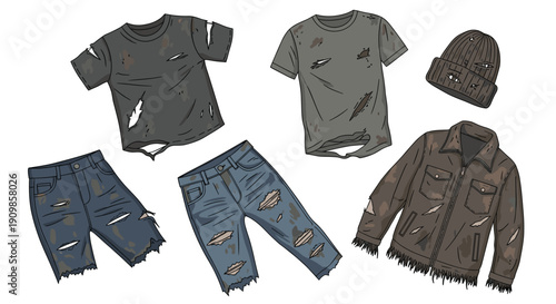 Collection of tattered and dirty clothing items, including ripped t-shirts, worn jeans, a distressed jacket, and a
