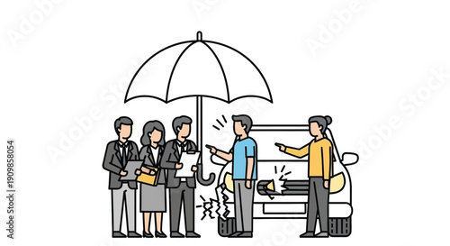 Illustration depicting a car accident scene with people and an umbrella