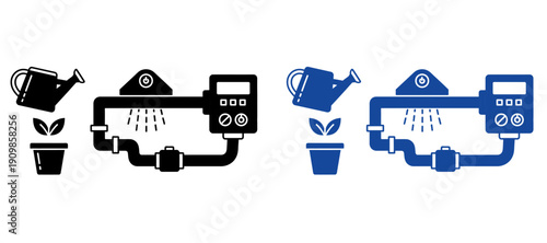Smart Garden Irrigation System and Watering Icons Set. Vector Illustration of Automatic Sprinkler, Water Timer, and Potted Plant Growth. Modern Flat Icons for Agriculture Technology and Home Gardening