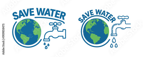 Save water earth globe tap environmental awareness vector illustration set
