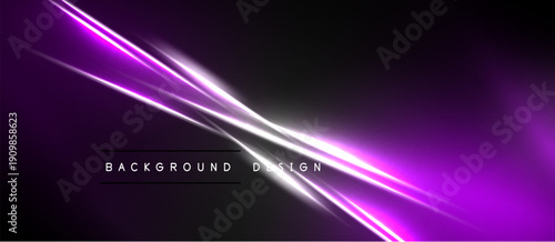 Abstract purple lines intersect black space. Bright glow creates dynamic visual effect. Modern design element for backgrounds.