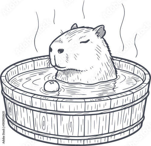 hand drawn illustration of a capybara relaxing in a wooden hot tub with fruit. vector graphic with no white fills ideal for wellness and spa concepts