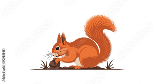 A charming cartoon red squirrel illustration, with a bushy tail, focused on burying or eating an acorn in the autumn