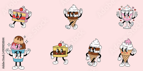 Groovy Cartoon Desserts with Faces and Limbs on Pink Background Keywords: groovy cartoon, retro dessert, anthropomorphic food