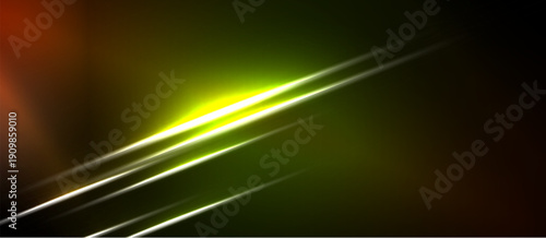 Abstract background features bright lines, gradients. Dark tones contrast vivid yellow, green hues. Modern design element.