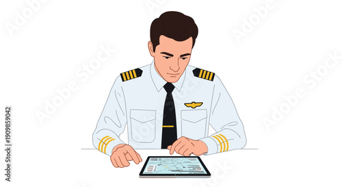 A focused male pilot in a white uniform shirt, diligently reviewing a digital flight map and navigation information on