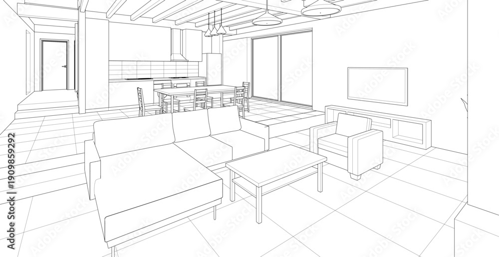 Fototapeta premium housing interior kitchen living room 3d illustration