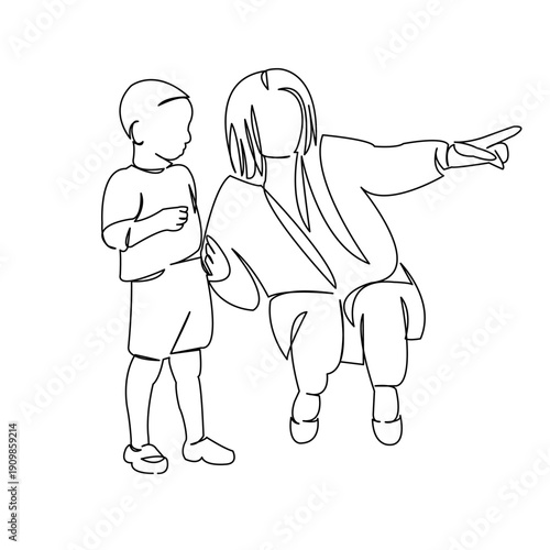 One continuous single drawing line art flat doodle mother, child, kid, family, son. Isolated image hand draw contour on a white background
