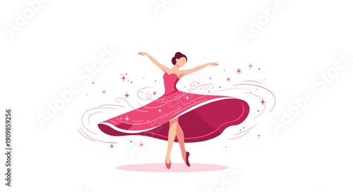 Elegant minimalist illustration of a woman in a flowing pink strapless dress, dancing gracefully amidst sparkling stars