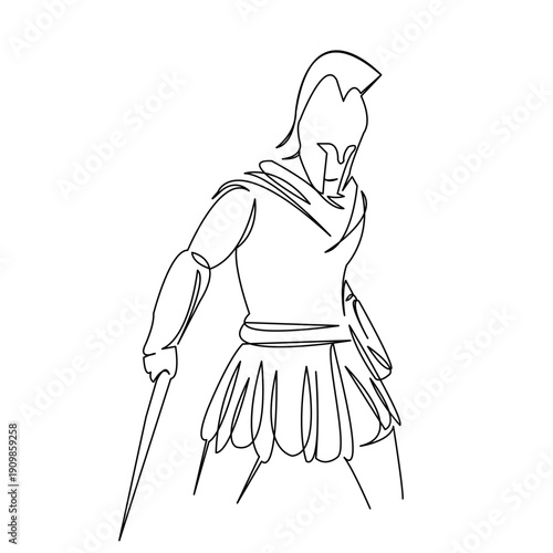 One continuous single drawing line art flat doodle soldier, warrior, armor, roman, helmet, gladiator. Isolated image hand draw contour on a white background
