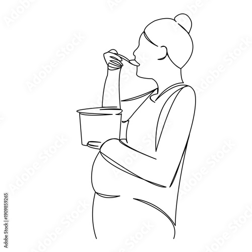 One continuous single drawing line art flat doodle pregnant, food, ice, cream, woman, maternity, belly, eating. Isolated image hand draw contour on a white background
