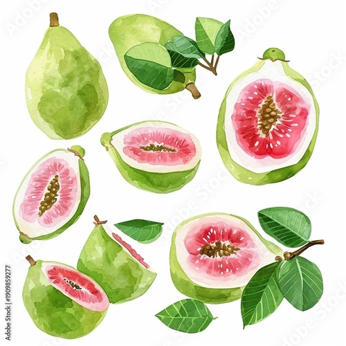 A watercolor arrangement of fresh guavas, figs and green leaves on white background. Organic
