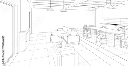  housing interior kitchen living room 3d illustration