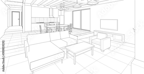  housing interior kitchen living room 3d illustration