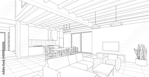  housing interior kitchen living room 3d illustration