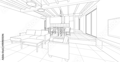  housing interior kitchen living room 3d illustration