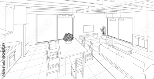  housing interior kitchen living room 3d illustration