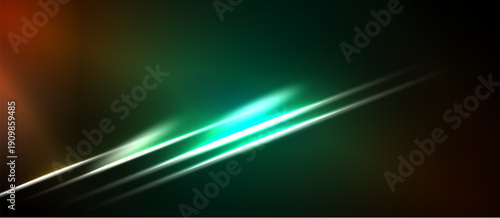 Abstract background features vibrant lines, gradients. Teal, orange hues dominate dark space. Modern design, energetic feel.