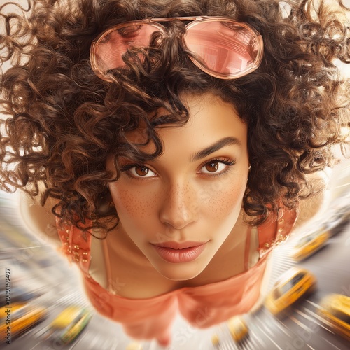 Ultra realistic urban fashion portrait of curly haired woman in city street