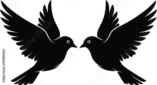 Symmetrical bird silhouette icon with two black mirrored birds facing each other, wings spread wide, symbolizing unity and peace.