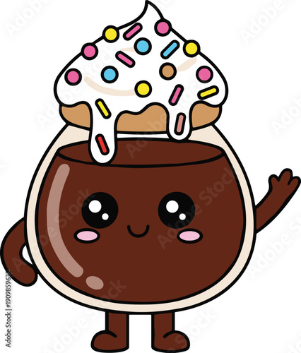 Kawaii cartoon coffee cup with whipped cream and sprinkles waving drink beverage