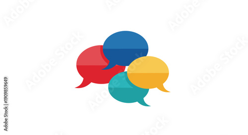 A compact cluster of four distinct, rounded speech bubbles in warm and cool tones, representing focused conversation