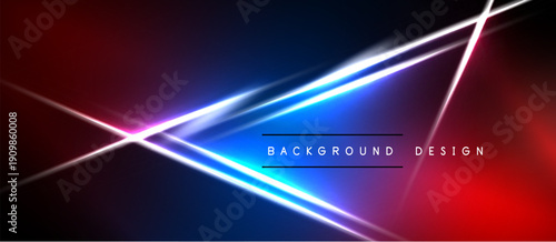 Abstract neon lines intersect dark background. Vibrant blue, red, purple hues create dynamic visual effect. Modern design element.