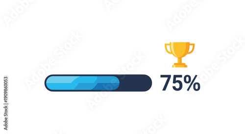 A clear progress bar indicating 75 completion, prominently featuring a gleaming golden trophy, symbolizing achievement