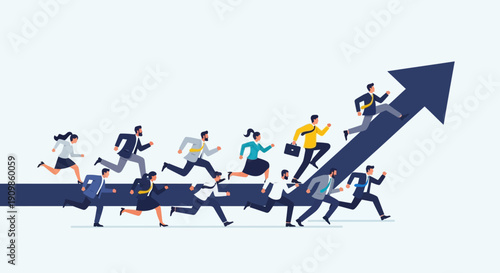 Business Team Running Toward Upward Arrow Symbolizing Growth and Success
