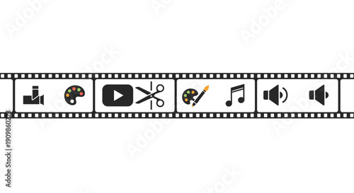 Film strip graphic displaying various video editing, audio, and color grading icons, symbolizing multimedia production