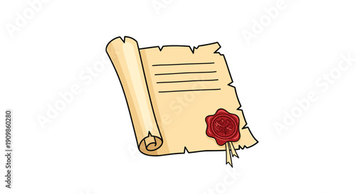 Ancient paper scroll with visible text lines and a distinctive red wax seal, conveying historical documents or