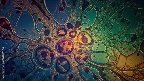 Abstract cellular structure with vibrant, colorful patterns and intricate networks viewed from a microscopic perspective
