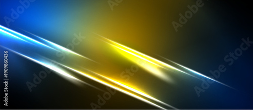 Abstract design features bright blue, yellow streaks against dark background. Lines intersect creating dynamic visual effect.